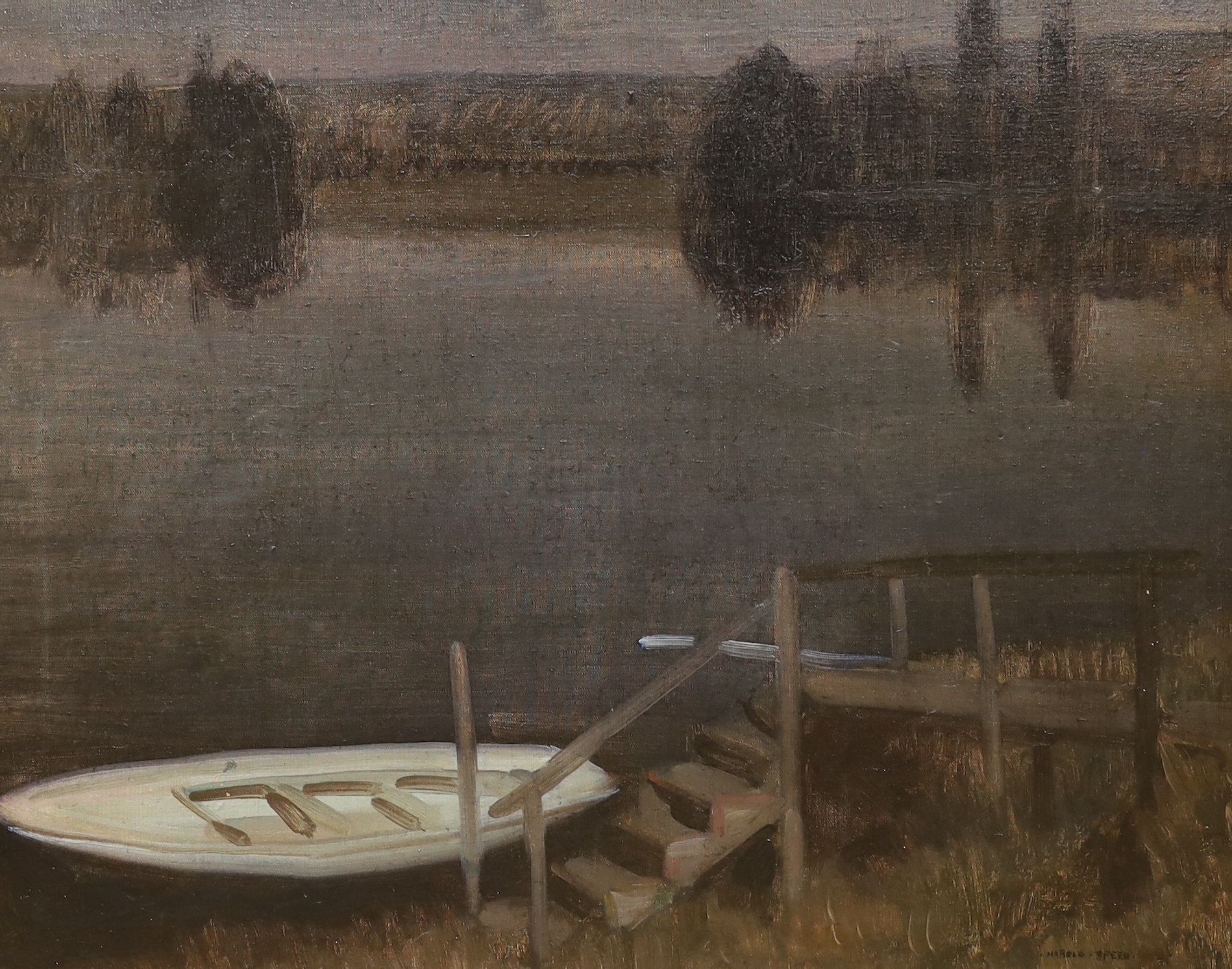 Harold Speed (1872-1957) oil on canvas, Dusk at the river mooring, signed, Stuart Fine Art stamp verso, 61 x 48cm